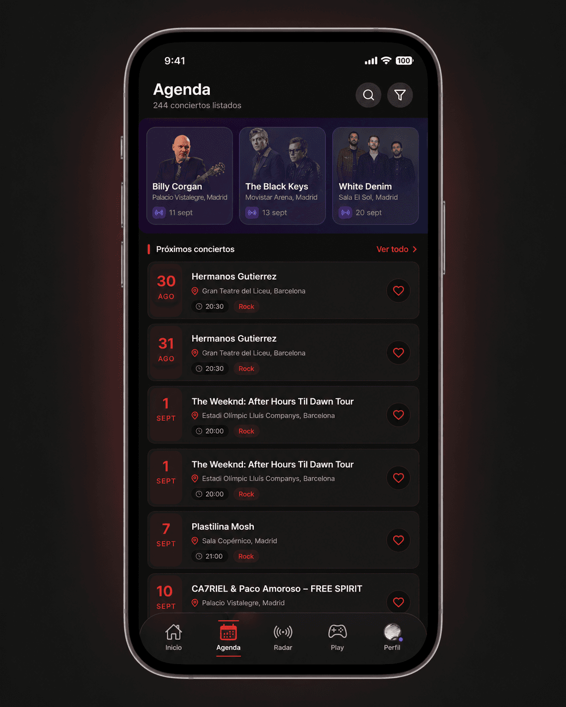 Event discovery and agenda browsing with a focused dark UI